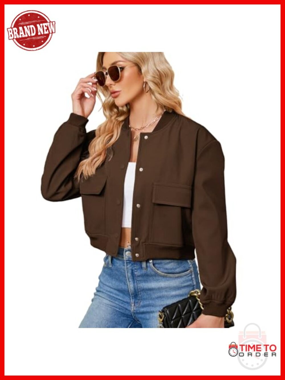 Cropped Bomber Jacket Women Button Down Long Sleeve Varsity Jacket with Pockets